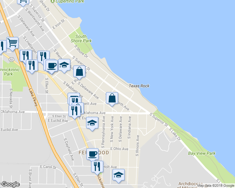 map of restaurants, bars, coffee shops, grocery stores, and more near 3011 South Superior Street in Milwaukee