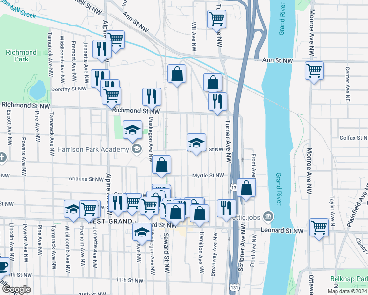 map of restaurants, bars, coffee shops, grocery stores, and more near 1501 Quarry Avenue Northwest in Grand Rapids