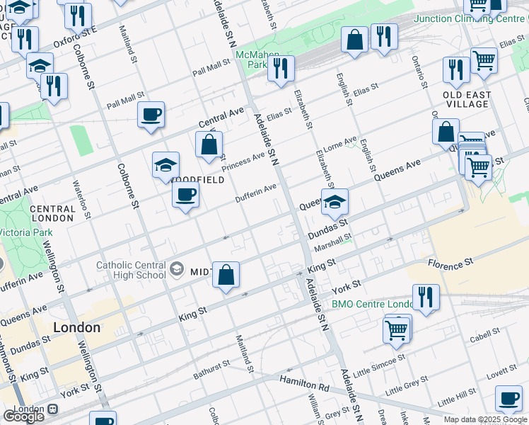 map of restaurants, bars, coffee shops, grocery stores, and more near 562 Queens Avenue in London