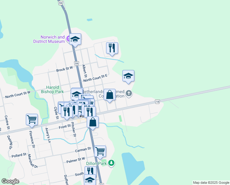 map of restaurants, bars, coffee shops, grocery stores, and more near 14 George Street in Norwich