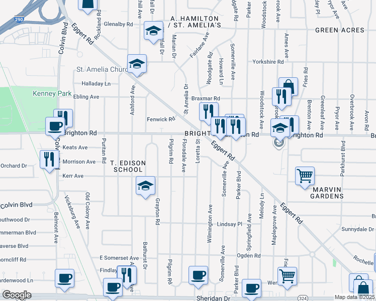 map of restaurants, bars, coffee shops, grocery stores, and more near 337 Floradale Ave in Tonawanda
