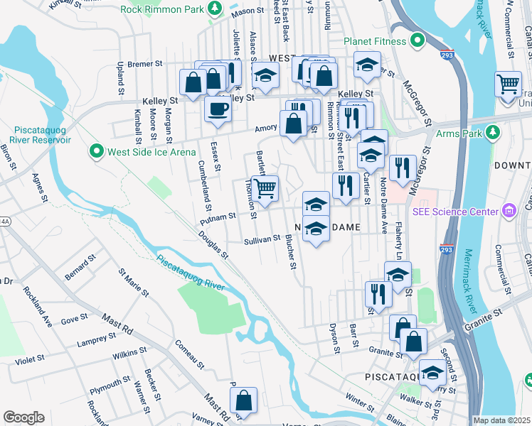 map of restaurants, bars, coffee shops, grocery stores, and more near 316 Bartlett Street in Manchester