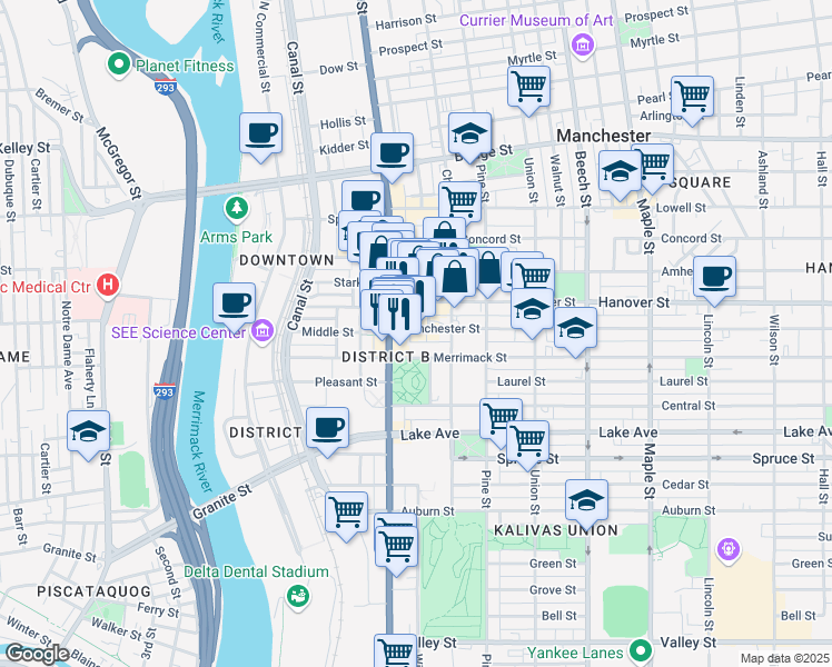 map of restaurants, bars, coffee shops, grocery stores, and more near 41 Manchester Street in Manchester