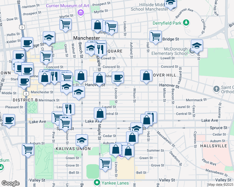 map of restaurants, bars, coffee shops, grocery stores, and more near 517 Lincoln Street in Manchester