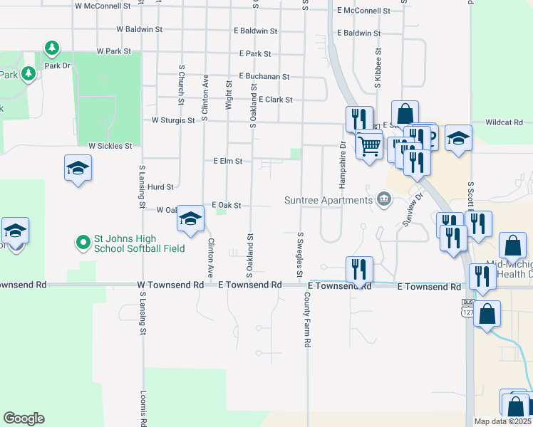 map of restaurants, bars, coffee shops, grocery stores, and more near 304 East Oak Street in Saint Johns