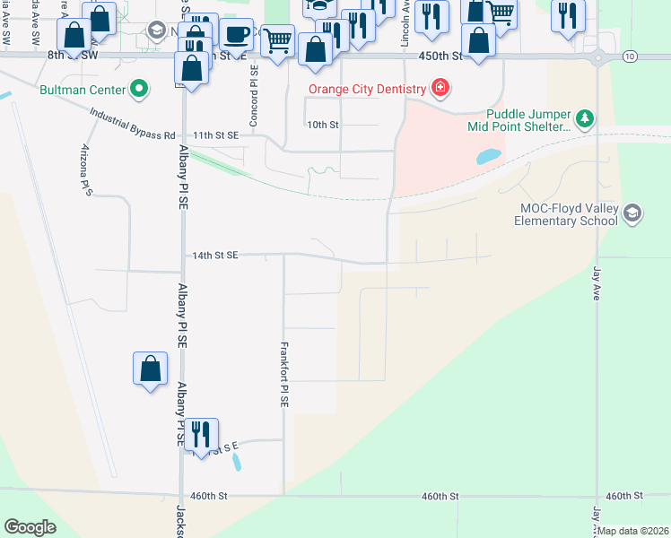 map of restaurants, bars, coffee shops, grocery stores, and more near 702 14th Street Southeast in Orange City