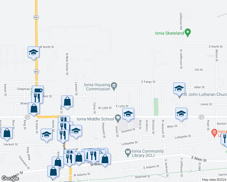 map of restaurants, bars, coffee shops, grocery stores, and more near 649 Union Street in Ionia