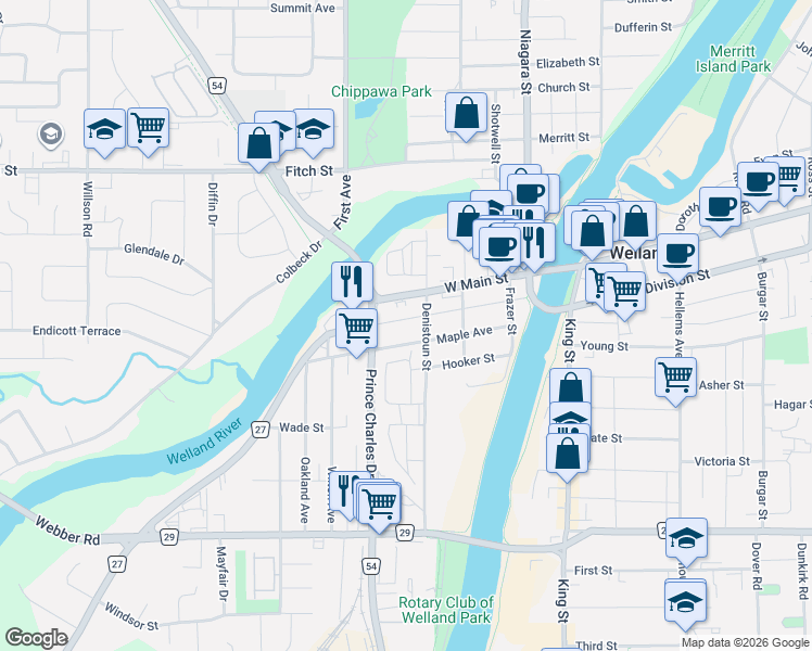 map of restaurants, bars, coffee shops, grocery stores, and more near 149 Bald Street in Welland