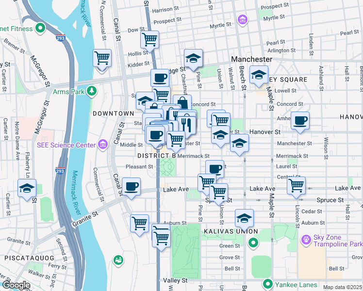 map of restaurants, bars, coffee shops, grocery stores, and more near 71 Manchester Street in Manchester