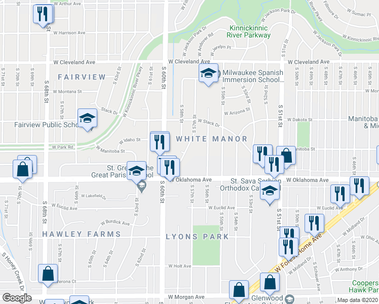 map of restaurants, bars, coffee shops, grocery stores, and more near 3010 South 57th Street in Milwaukee