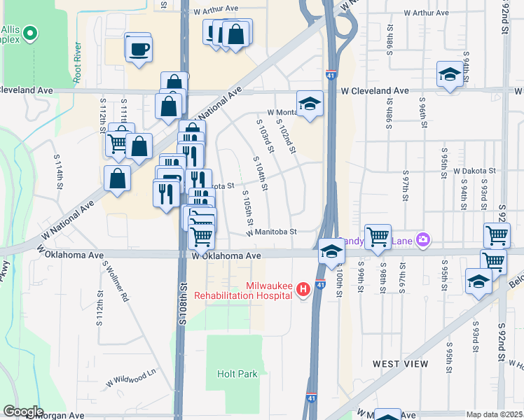 map of restaurants, bars, coffee shops, grocery stores, and more near 2960 South 105th Street in West Allis