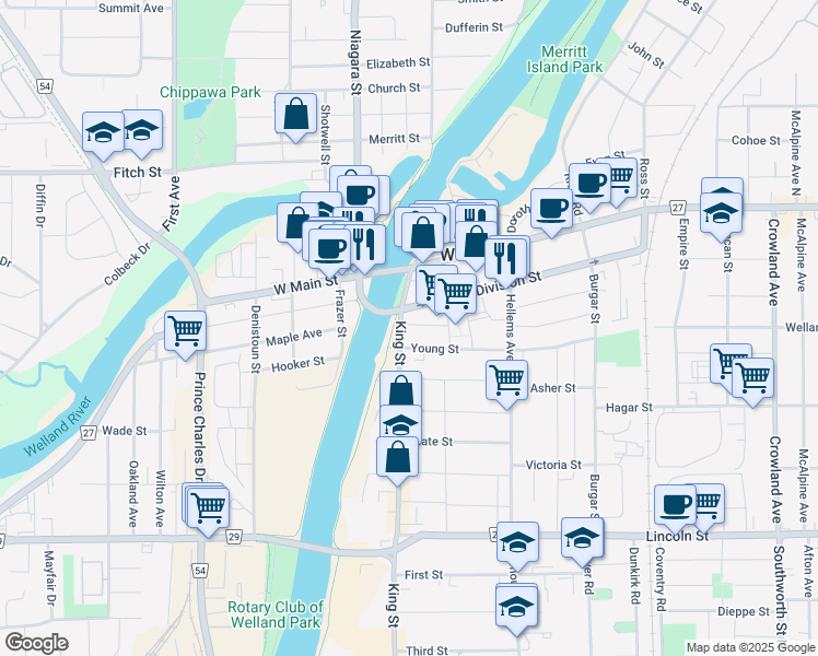 map of restaurants, bars, coffee shops, grocery stores, and more near 80 King Street in Welland