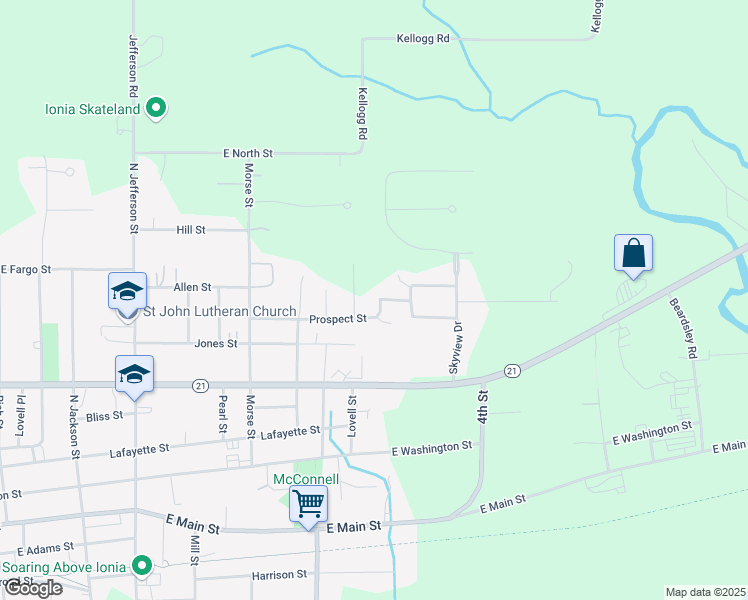 map of restaurants, bars, coffee shops, grocery stores, and more near 844 Prospect Street in Ionia