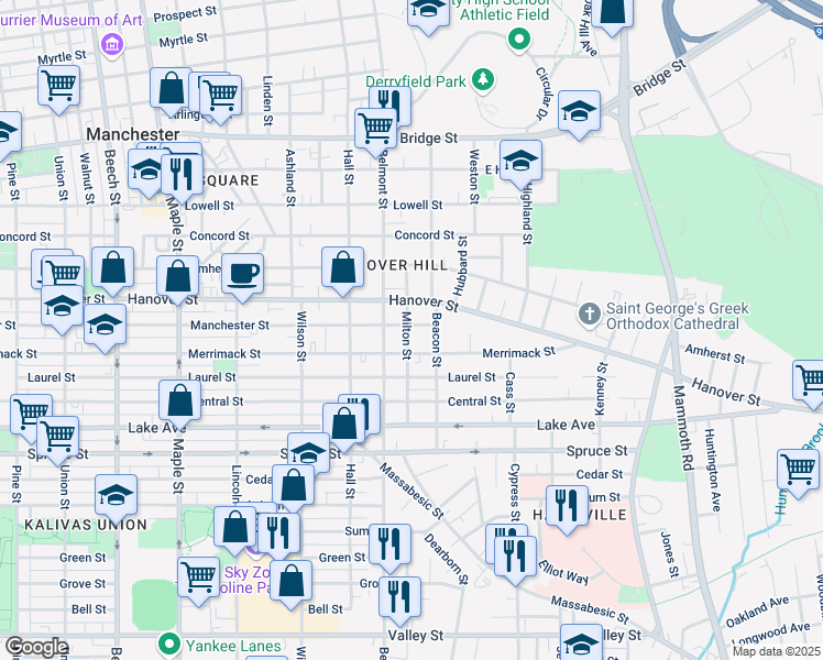 map of restaurants, bars, coffee shops, grocery stores, and more near 501 Manchester Street in Manchester