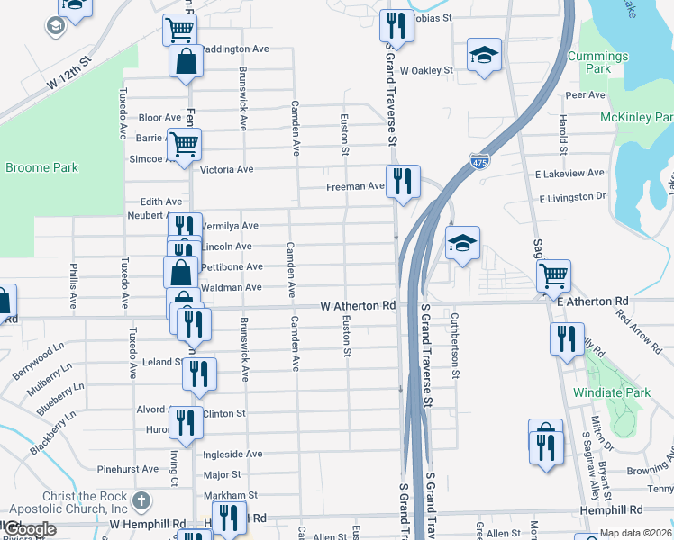 map of restaurants, bars, coffee shops, grocery stores, and more near 707 Pettibone Avenue in Flint