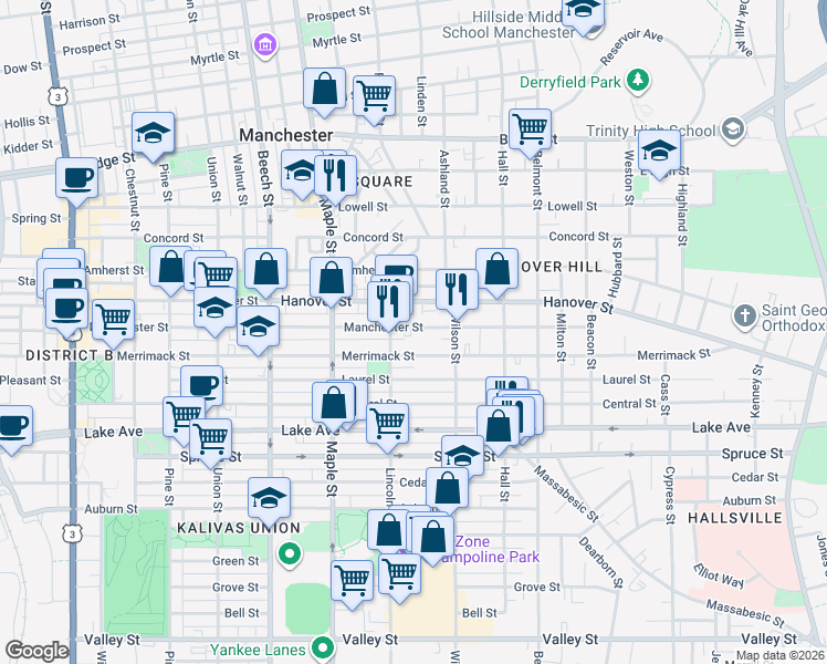 map of restaurants, bars, coffee shops, grocery stores, and more near 391 Manchester Street in Manchester