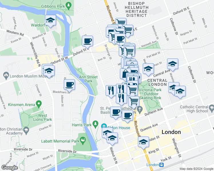 map of restaurants, bars, coffee shops, grocery stores, and more near 628 Talbot Street in London