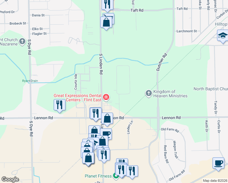 map of restaurants, bars, coffee shops, grocery stores, and more near 2440 Miami Beach Drive in Flint