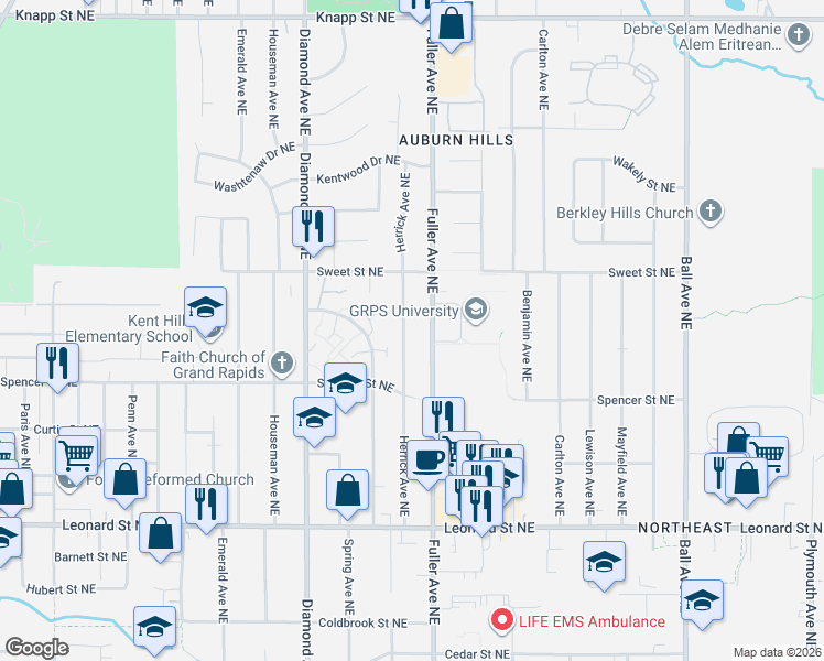 map of restaurants, bars, coffee shops, grocery stores, and more near 1508 Herrick Avenue Northeast in Grand Rapids