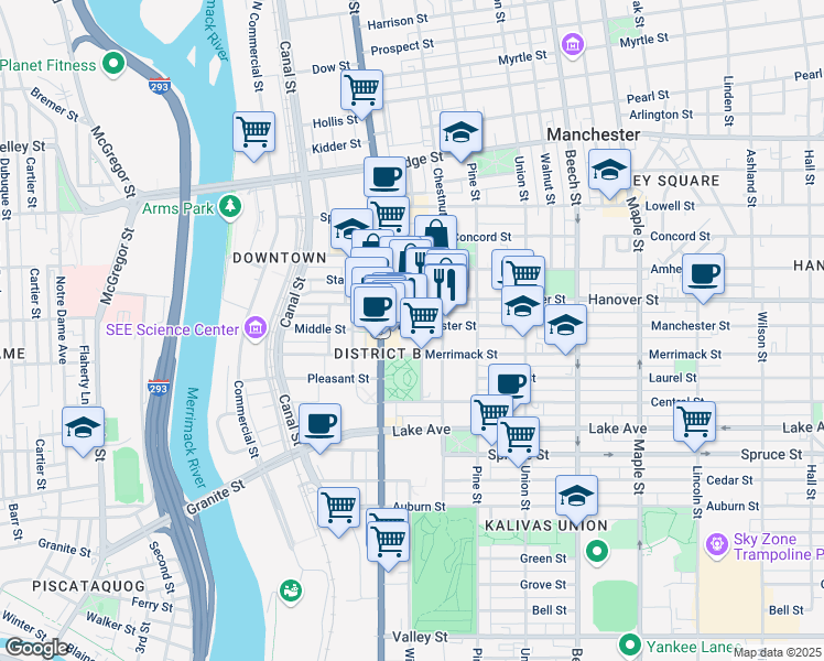 map of restaurants, bars, coffee shops, grocery stores, and more near 71 Manchester Street in Manchester