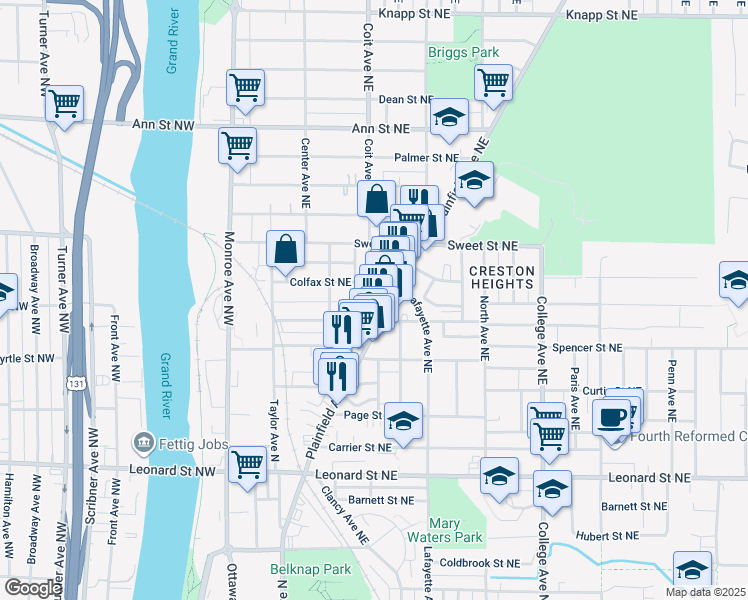 map of restaurants, bars, coffee shops, grocery stores, and more near 1518 Coit Avenue Northeast in Grand Rapids