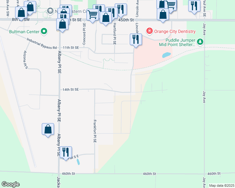 map of restaurants, bars, coffee shops, grocery stores, and more near 702 14th Street Southeast in Orange City