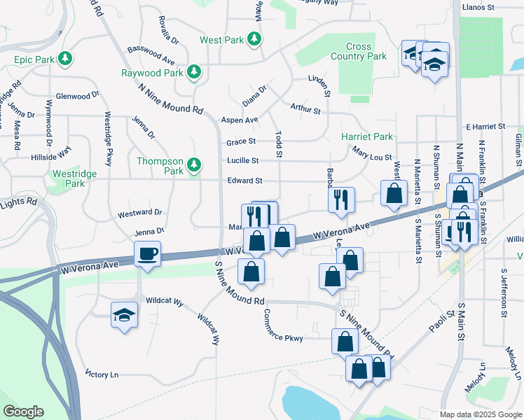 map of restaurants, bars, coffee shops, grocery stores, and more near 204 Todd St in Verona