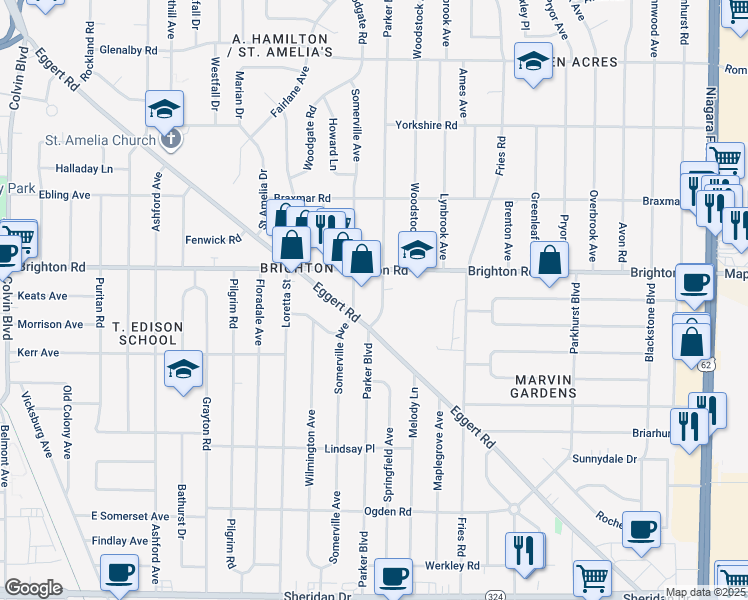 map of restaurants, bars, coffee shops, grocery stores, and more near 1858 Parker Boulevard in Tonawanda