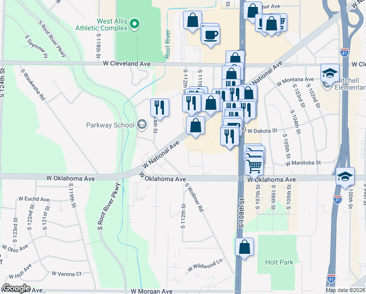 map of restaurants, bars, coffee shops, grocery stores, and more near 11229 West National Avenue in Milwaukee