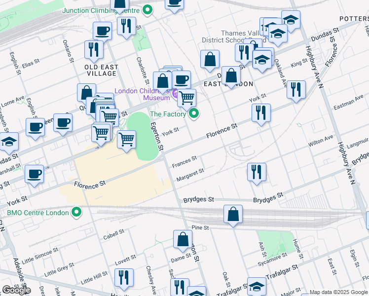 map of restaurants, bars, coffee shops, grocery stores, and more near 1063 Florence Street in London