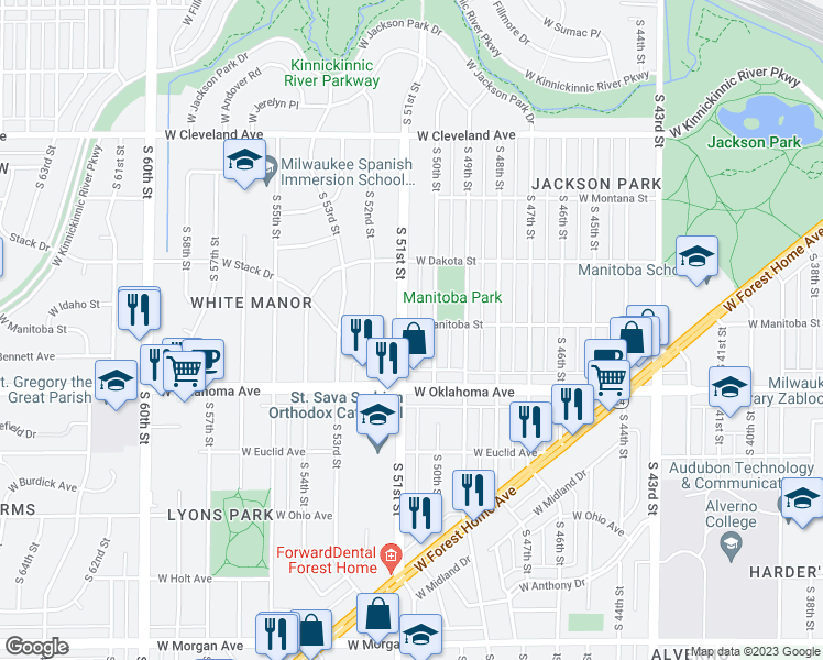 map of restaurants, bars, coffee shops, grocery stores, and more near 5029 West Manitoba Street in Milwaukee