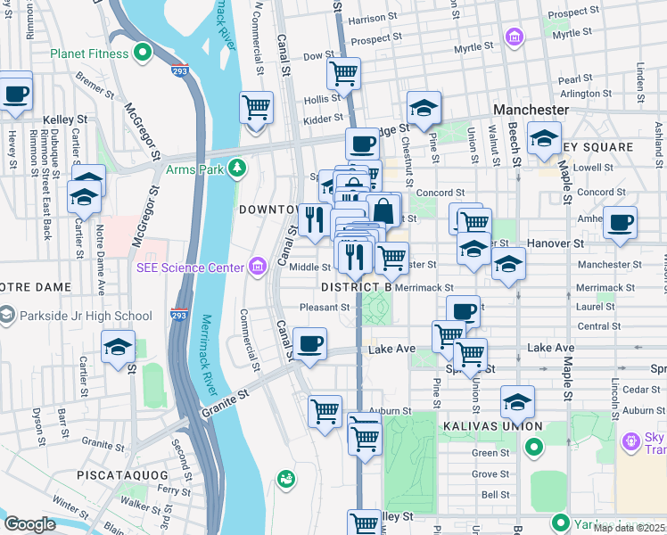 map of restaurants, bars, coffee shops, grocery stores, and more near 66 Middle Street in Manchester