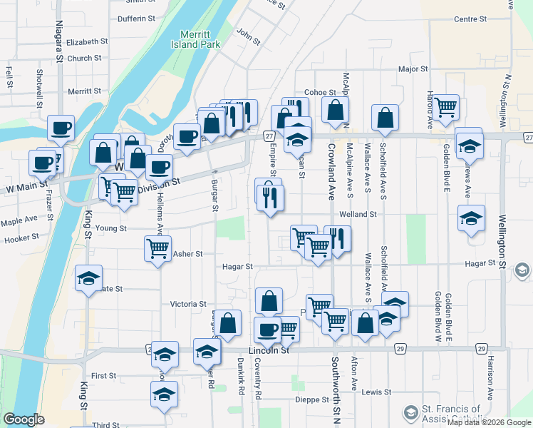 map of restaurants, bars, coffee shops, grocery stores, and more near 14 Welland Street in Welland