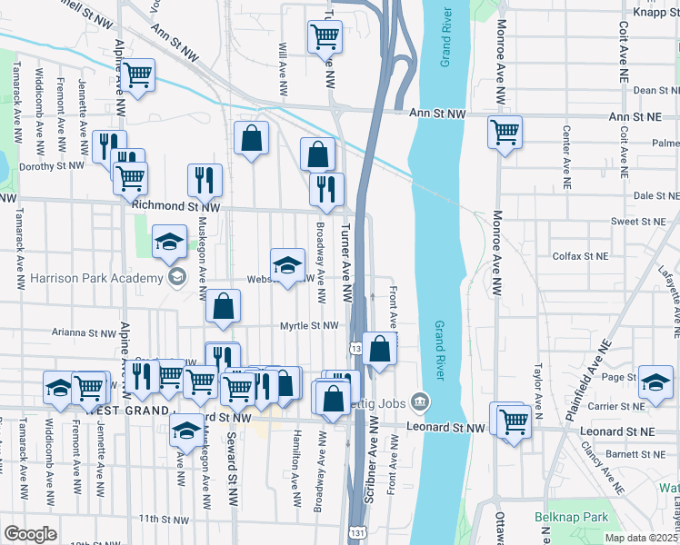 map of restaurants, bars, coffee shops, grocery stores, and more near 1501 Turner Avenue Northwest in Grand Rapids