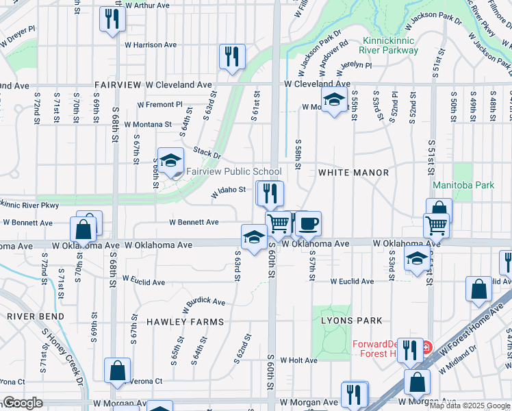 map of restaurants, bars, coffee shops, grocery stores, and more near 3020 South 61st Street in Milwaukee