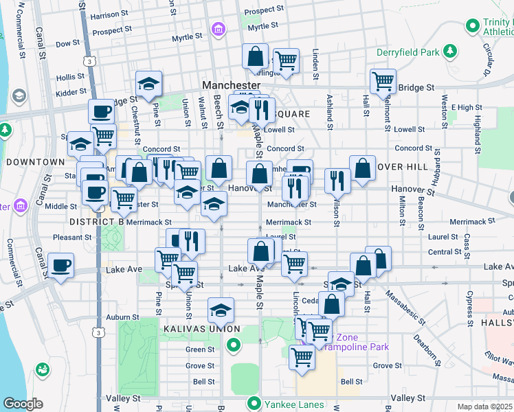 map of restaurants, bars, coffee shops, grocery stores, and more near 337 Manchester Street in Manchester