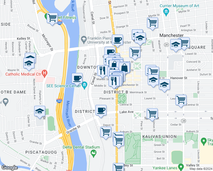 map of restaurants, bars, coffee shops, grocery stores, and more near 66 Middle Street in Manchester