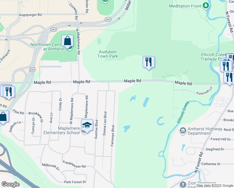 map of restaurants, bars, coffee shops, grocery stores, and more near 327 Fairways Boulevard in Buffalo