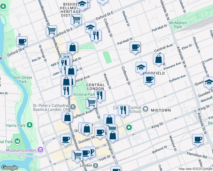 map of restaurants, bars, coffee shops, grocery stores, and more near 528 B Waterloo Street in London
