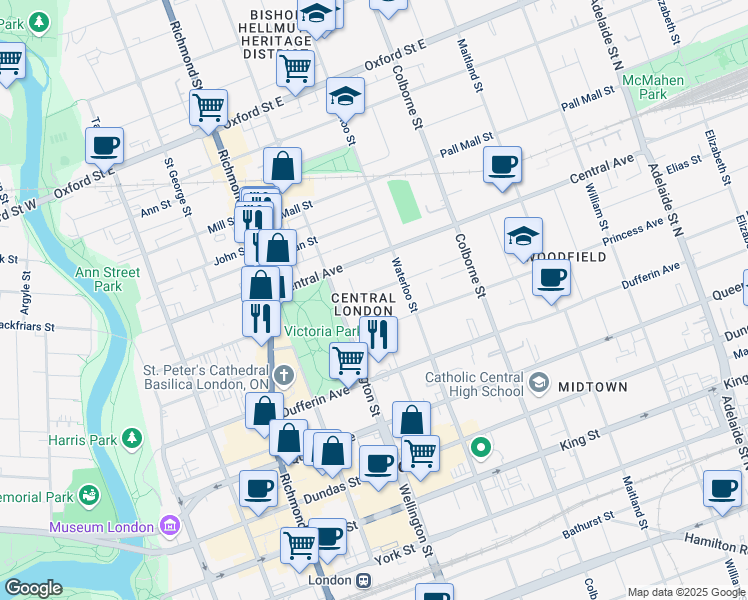 map of restaurants, bars, coffee shops, grocery stores, and more near in London