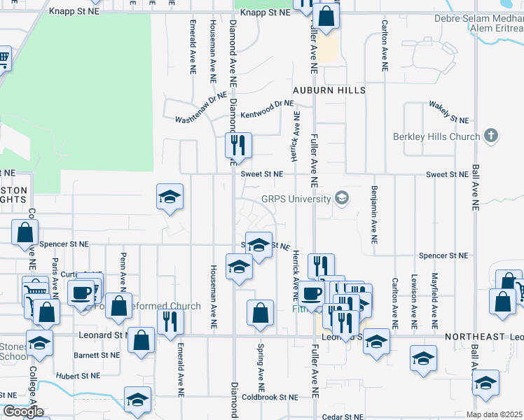 map of restaurants, bars, coffee shops, grocery stores, and more near 1475 Burke Avenue Northeast in Grand Rapids