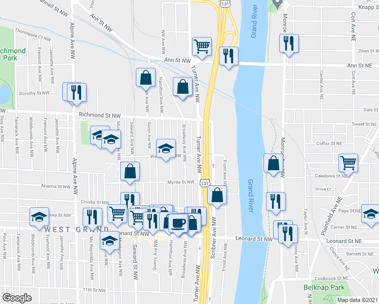 map of restaurants, bars, coffee shops, grocery stores, and more near 417 Webster Street Northwest in Grand Rapids