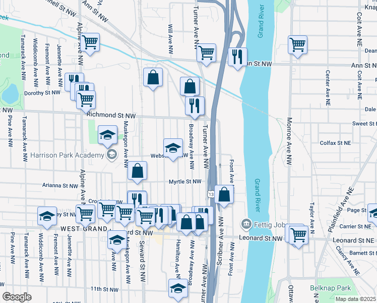 map of restaurants, bars, coffee shops, grocery stores, and more near 417 Webster Street Northwest in Grand Rapids