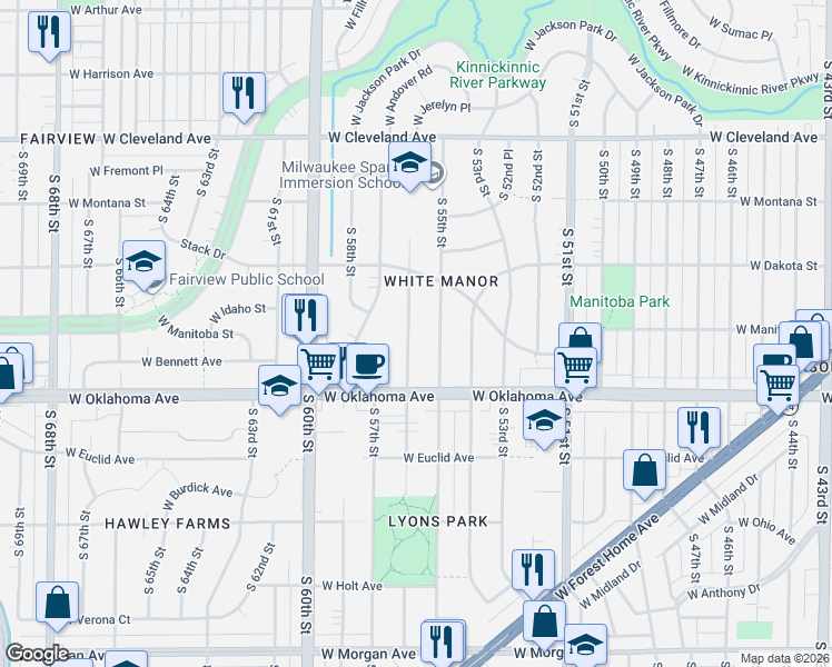 map of restaurants, bars, coffee shops, grocery stores, and more near 3011 South 56th Street in Milwaukee