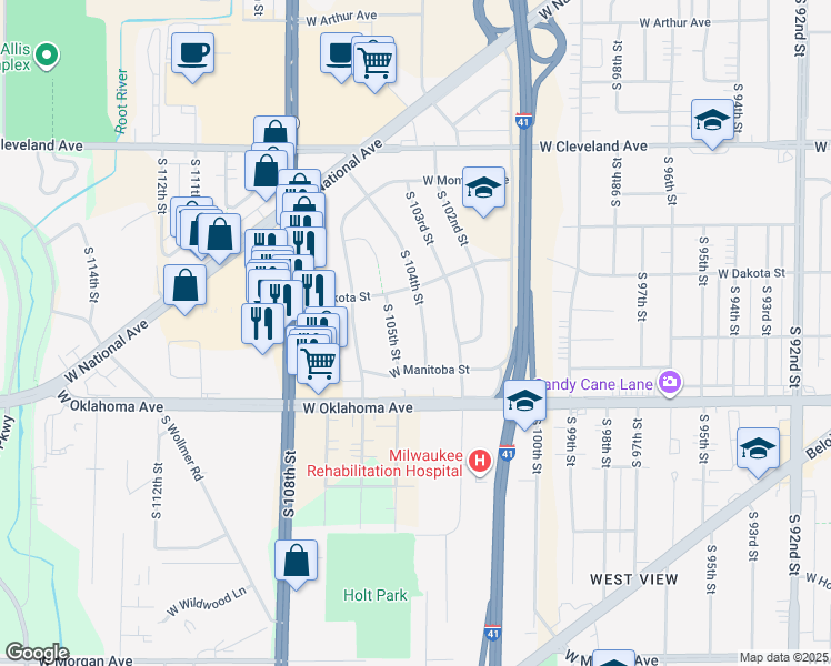 map of restaurants, bars, coffee shops, grocery stores, and more near 2960 South 105th Street in West Allis