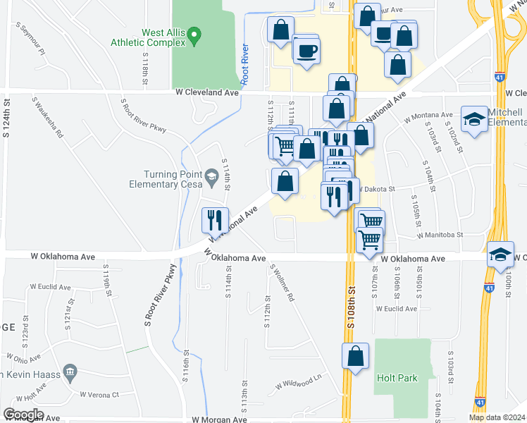 map of restaurants, bars, coffee shops, grocery stores, and more near 11229 West National Avenue in West Allis