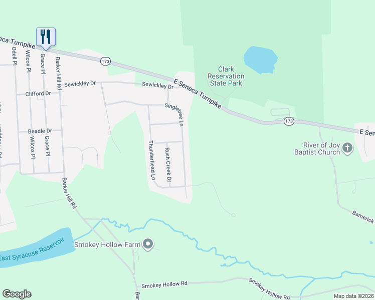 map of restaurants, bars, coffee shops, grocery stores, and more near 6044 Singletree Lane in Jamesville