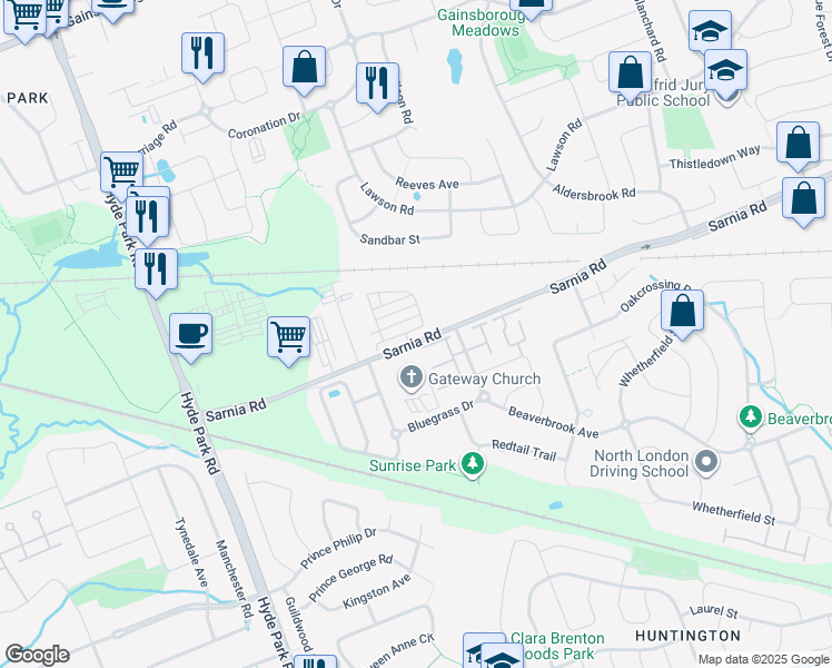 map of restaurants, bars, coffee shops, grocery stores, and more near 895 Sarnia Road in London