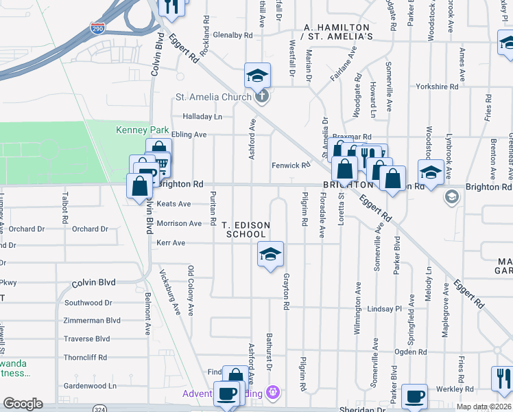 map of restaurants, bars, coffee shops, grocery stores, and more near 329 Ashford Avenue in Tonawanda