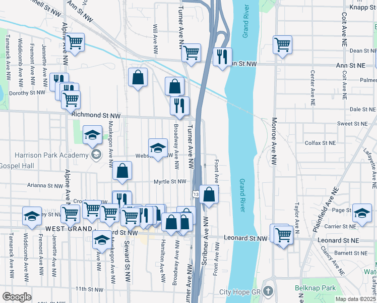map of restaurants, bars, coffee shops, grocery stores, and more near 1505 Turner Avenue Northwest in Grand Rapids